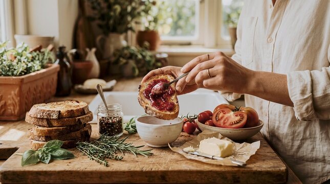 Spreading jam on sourdough toast with fresh tomatoes and herbs in a rustic kitchen