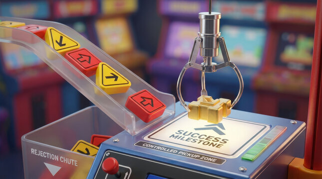 Claw machine prize chute with success milestone sign and directional button, colorful arcade background creating exciting game atmosphere