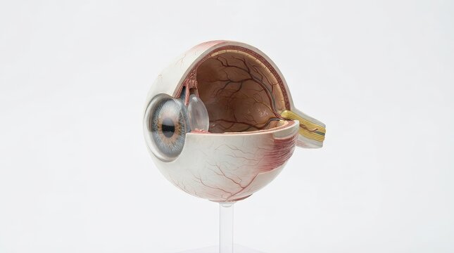 Anatomical cross section model of human eye showing internal structures on white background.