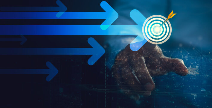 Futuristic Goal Achievement Concept Featuring Interactive Dartboard and Motion Arrows.