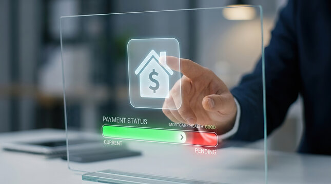Hand touching property icon on digital screen for payment status, showing real estate finance technology and pending transaction in modern office setting