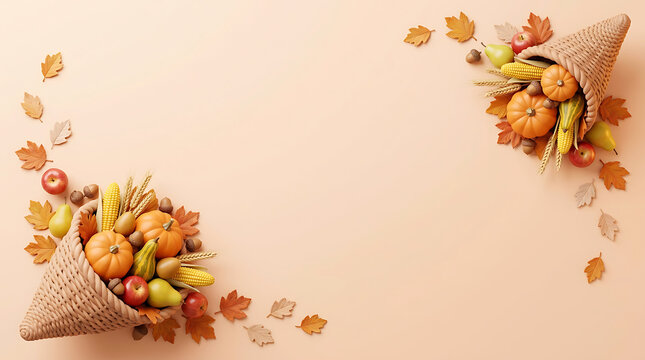 Festive thanksgiving day background featuring two decorative cornucopias filled with seasonal autumn harvest vegetables and fall leaves