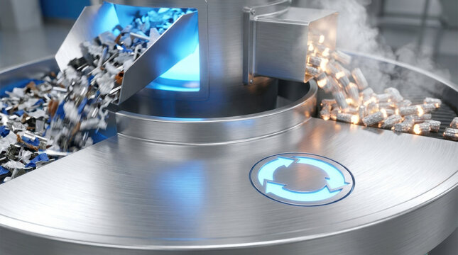 Industrial recycling machine sorting metal waste in circular processing system with blue light and steam, representing sustainable manufacturing and material recovery