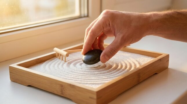 Close-up of hand creating peaceful patterns in a miniature Zen garden with sand and a stone, symbolizing mindfulness and relaxation on a sunny windowsill.