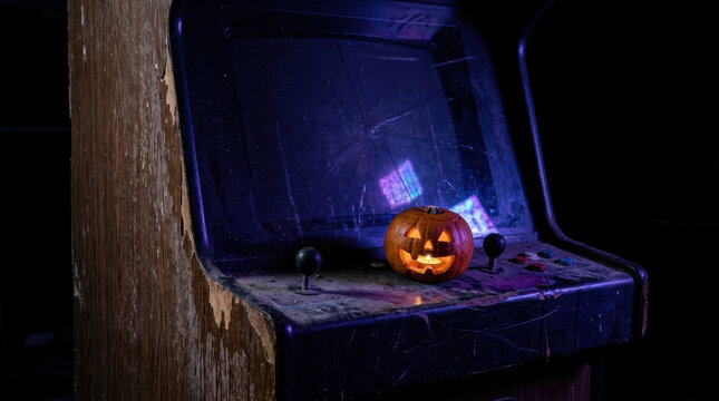 Abandoned arcade machine with glowing pumpkin creating eerie Halloween scene in dark wooden interior
