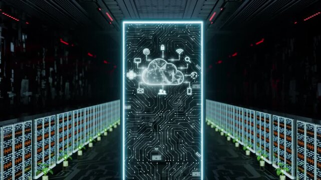 Futuristic 3D visualization of a glowing cloud computing interface surrounded by circuit patterns, digital icons, and server racks, representing cloud technology, data storage, networking