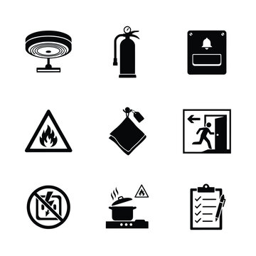 Flat design safety icons set for workplace hazard prevention and emergency preparedness guidelines