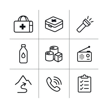 Flat vector icons of medical healthcare and travel essentials set isolated on white background