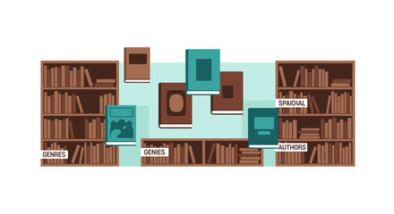 Obraz premium Modern Library Vector Illustration with Floating Books and Categorized Bookshelves