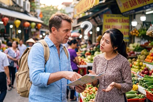 Male Tourist Experiencing Language Barrier While Asking Confused Local Woman Directions in Asian Street Market