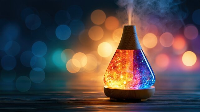 Aroma diffuser emitting steam with colorful lights