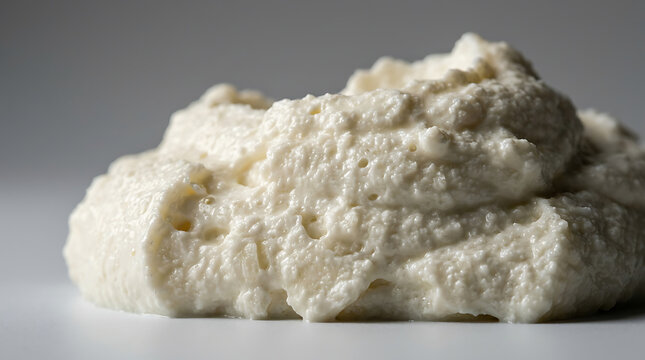 Creamy textured dollop of fluffy white ricotta cheese isolated on a plain background