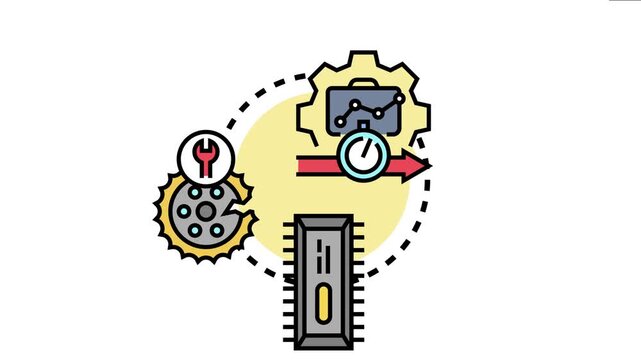Icon the manufacturing defect reporting process. Showing a broken gear with a wrench. An arrow indicating workflow. And data analysis in a briefcase