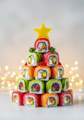 Fototapeta premium Vibrant sushi rolls stacked in a holiday tree shape with a star on top, surrounded by warm twinkling lights and a cozy festive atmosphere, delicious, art, wasabi