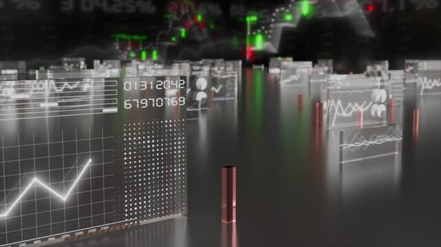 A futuristic digital analytics interface displaying financial market data, rising line graphs, numerical statistics, and colorful indicators. The high-tech visualization represents stock market