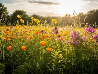 Obraz premium Golden wildflowers blooming in a meadow at sunset