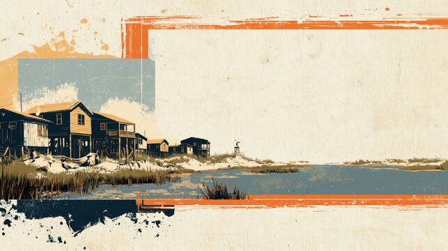 Retro coastal landscape illustration of a quiet seaside village with weathered stilt houses along marshy tidal flats, calm water reflections, a distant lighthouse, textured border