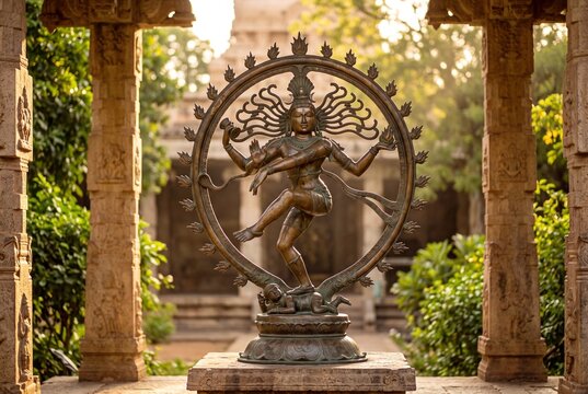 Bronze Statue of Shiva Nataraja Cosmic Lord of Dance Illuminated by Warm Sunlight in Ancient Temple