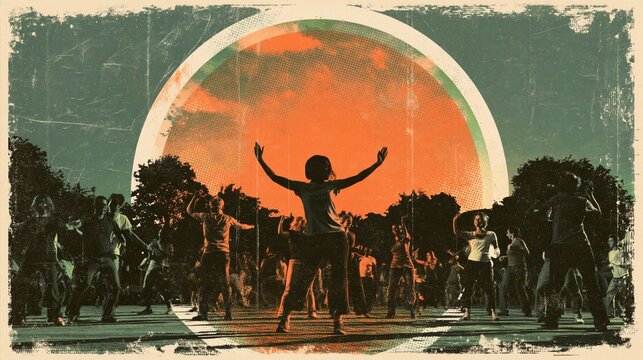 Silhouetted instructor leading a large outdoor group exercise and dance class at sunset in a park, participants raising arms before a bold circular orange sun in retro style