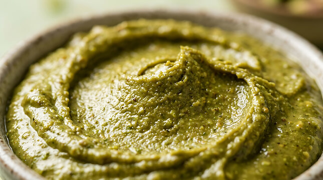 Close-up of creamy green pesto sauce in a bowl, Italian cuisine ingredient
