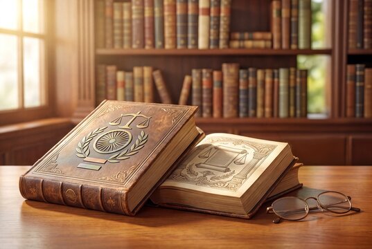 Ornate Constitution of India Book Resting on Desk in Classic Law Library Setting