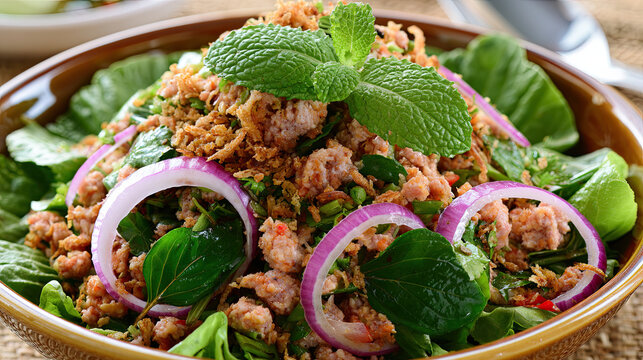 nfizix larb moo spicy minced pork salad with toasted rice and mint