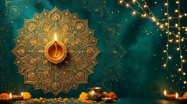 Intricate golden skull formed from ancient ruins illuminated by candlelight and soft light