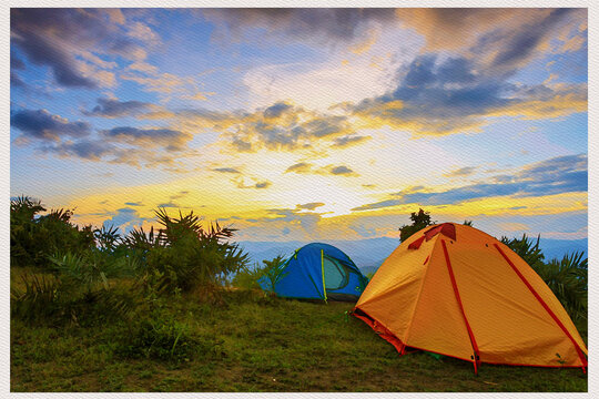 adventure outdoor tent in forest digital watercolor.