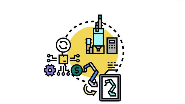 Illustrating a comprehensive manufacturing and development process. This icon set features industrial machinery. Robotic automation. Digital integration
