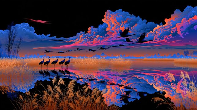 Vibrant twilight marsh scene with a line of graceful cranes wading near reflective waters, dramatic neon-blue and magenta clouds overhead and golden reeds along the shoreline
