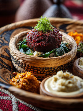Traditional ethiopian kitfo dish serving with side items