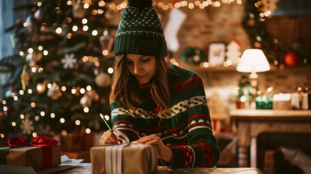 Woman wrapping Christmas presents at home. Holiday spirit and festive decoration. Cozy atmosphere, gift wrapping activity, and winter holidays at home with warm lights.
