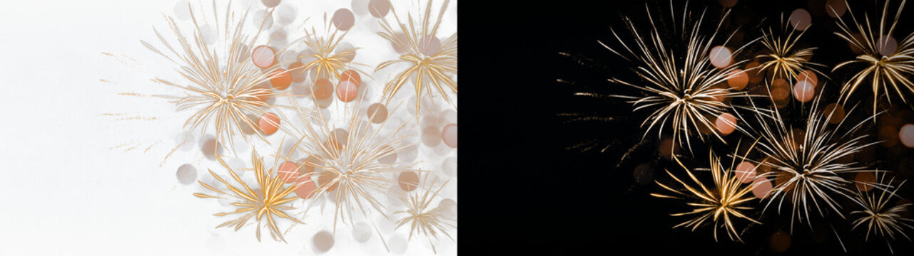 new year's eve, silvester, new year, celebration greeting card - golden firework fireworks pyrotechnic overlay, isolated on black and transparent background png
