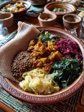 Ethiopian vegan platter with injera, misir wot, gomen, and shiro
