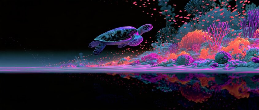 Bioluminescent sea turtle gliding above a neon coral reef at night, surrounded by glowing pink, purple and blue corals and schools of luminescent fish with reflection