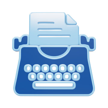 3D rendered blue typewriter icon with a sheet of paper inserted into the carriage for document writing and office tasks isolated on a transparent background