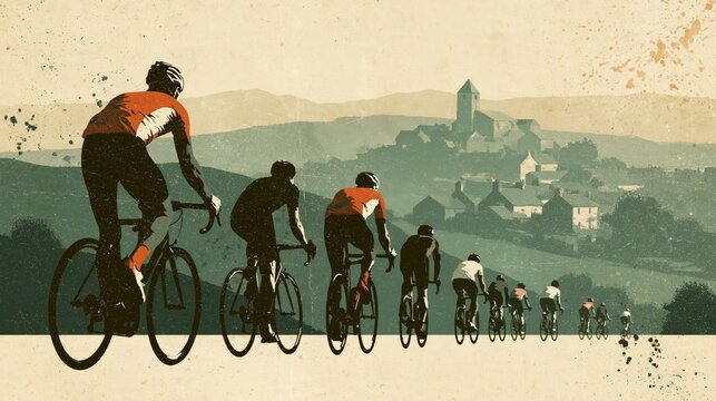 Peloton of cyclists riding along a winding country road through rolling hills toward a distant village and tower, vintage poster-style illustration of motion and teamwork