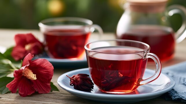 Two clear glass cups filled with vibrant red hibiscus tea  accompanied by fresh hibiscus flowers on a wooden table
