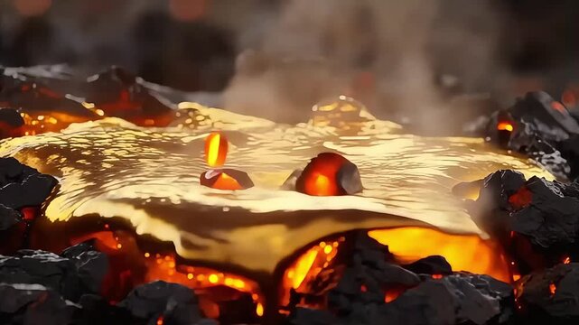 Close up view of molten glowing gold melting over burning hot charcoal coals inside a foundry furnace