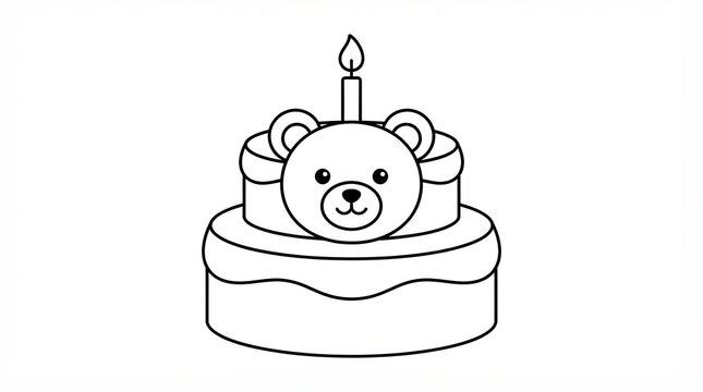 Cute teddy bear birthday cake illustration with a single candle line art drawing