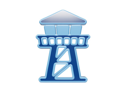 3D rendered blue watchtower icon with glossy finish and geometric structural details for security and surveillance concepts isolated on a transparent background