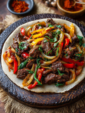 Ethiopian beef tibs and injera on wooden board