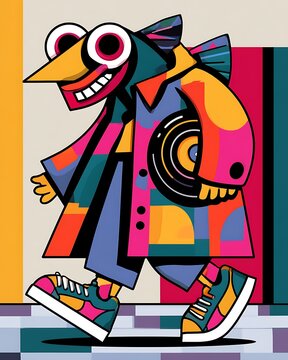 Abstract cartoon character with a fish head and colorful geometric clothing walking