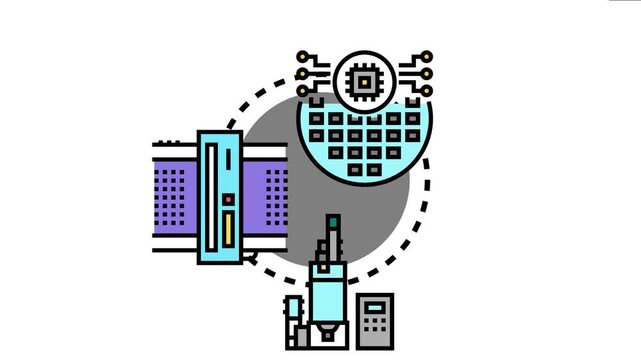 Automated industrial equipment producing and collecting components, creating a streamlined production process from raw integrated circuits to final electronic products in a smart factory environment