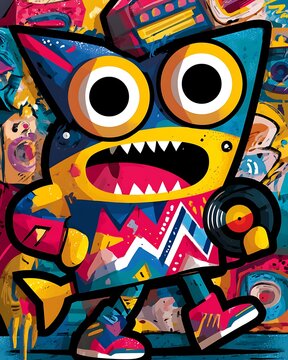 Retro cartoon shark character holding a vinyl record against a vibrant graffiti background