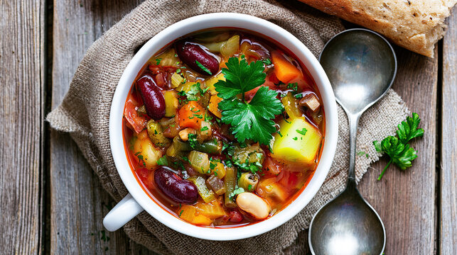 transparent minestrone vegetable soup in a comforting bowl