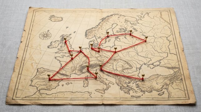 Vintage world map with red string travel route, antique parchment map with pins for logistics planning, travel connection concept