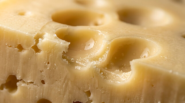 Close-up of Emmental cheese texture with holes, dairy product detail, food photography