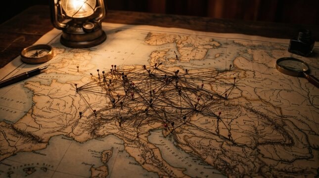 Vintage map with pins and string, antique travel navigation desk illuminated by lantern light, historical exploration background
