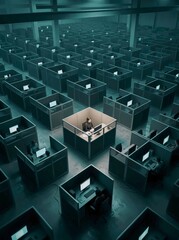 Obraz premium Overhead view of employees working at computers in a modern office with blue lighting